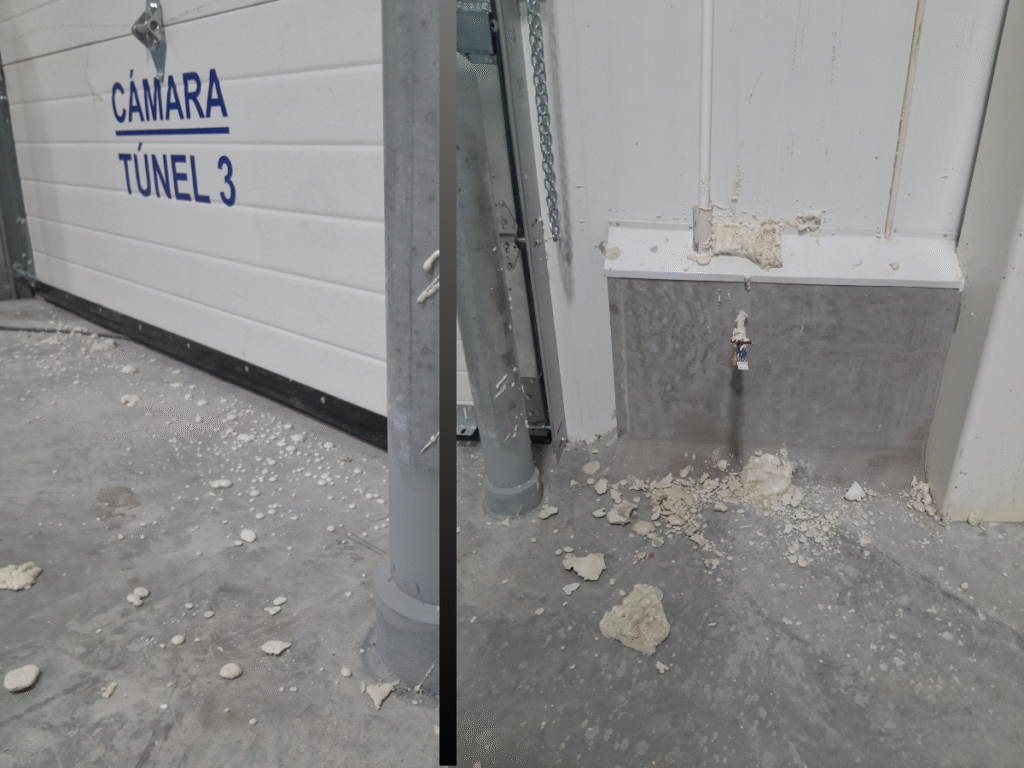 Espuma de poliuretano amarilla endurecida en piso industrial antes de ser removida.