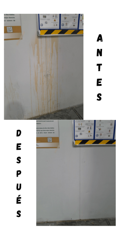 Antes y después de limpiar una pared blanca con manchas amarillas intensas en una zona industrial.