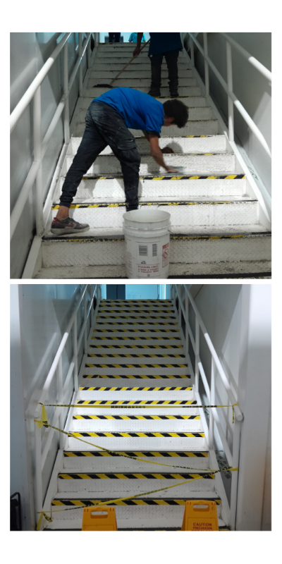 Transformación de escaleras maltratadas: de sucias y desgastadas a limpias, seguras y como nuevas, con cinta de precaución recién instalada.